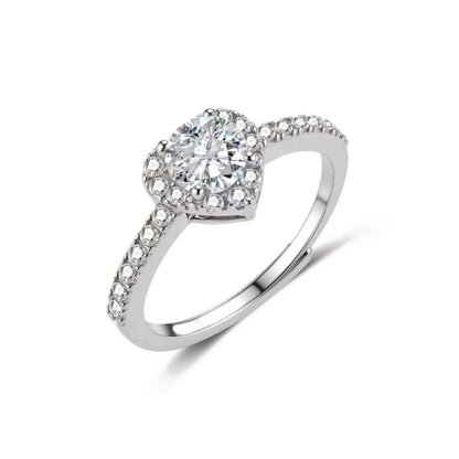 Nina Heart Halo Moissanite Ring, angled view showing the heart halo and the open adjustable band