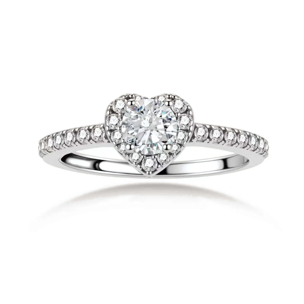 Nina Heart Halo Moissanite Ring, front view of the round moissanite inside a heart-shaped pavé halo with pavé shoulders