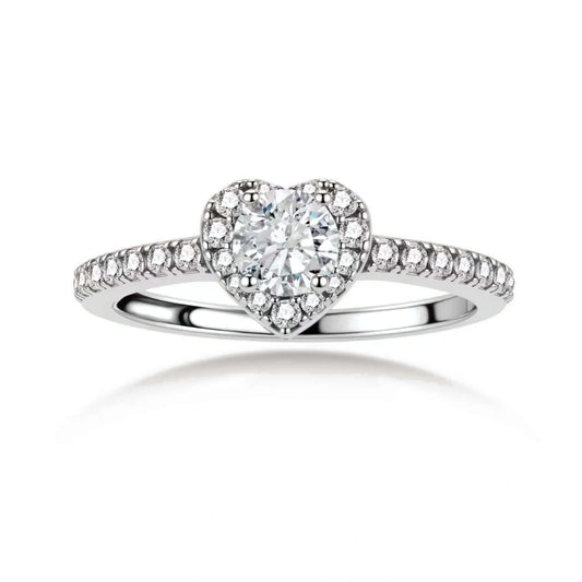 Nina Heart Halo Moissanite Ring, front view of the round moissanite inside a heart-shaped pavé halo with pavé shoulders