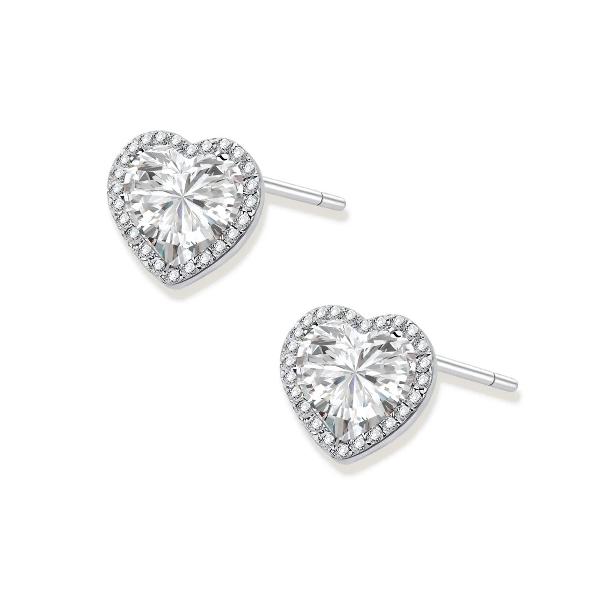 Juliet Heart Moissanite Studs, pair angled showing the heart-cut centre stones, pavé halos and post backs