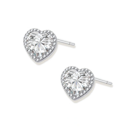Juliet Heart Moissanite Studs, pair angled showing the heart-cut centre stones, pavé halos and post backs