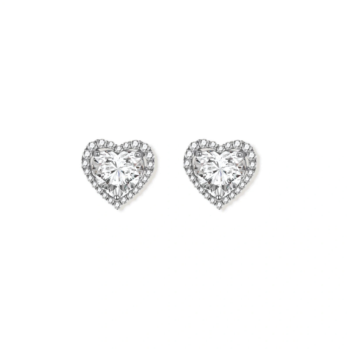 Juliet Heart Moissanite Studs, pair of heart-shaped halo studs in sterling silver, front view