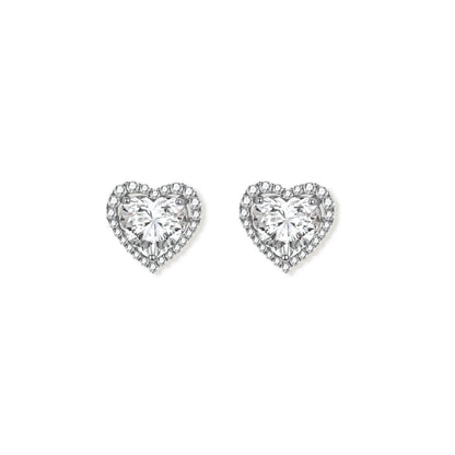 Juliet Heart Moissanite Studs, pair of heart-shaped halo studs in sterling silver, front view