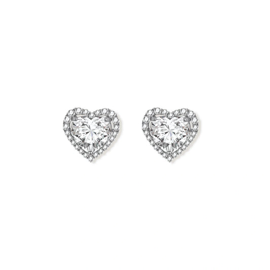 Juliet Heart Moissanite Studs, pair of heart-shaped halo studs in sterling silver, front view