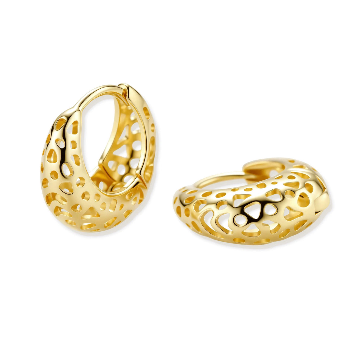 Odile Openwork Hoops, pair lying at an angle showing the openwork surface and hinged closure