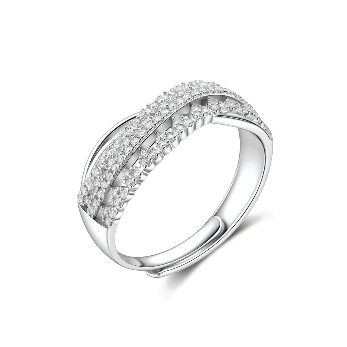 Ingrid Crossover Moissanite Ring, angled view showing the crossover rows and the open adjustable band