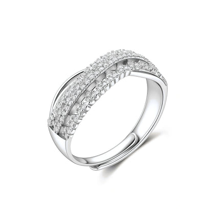 Ingrid Crossover Moissanite Ring, angled view showing the crossover rows and the open adjustable band