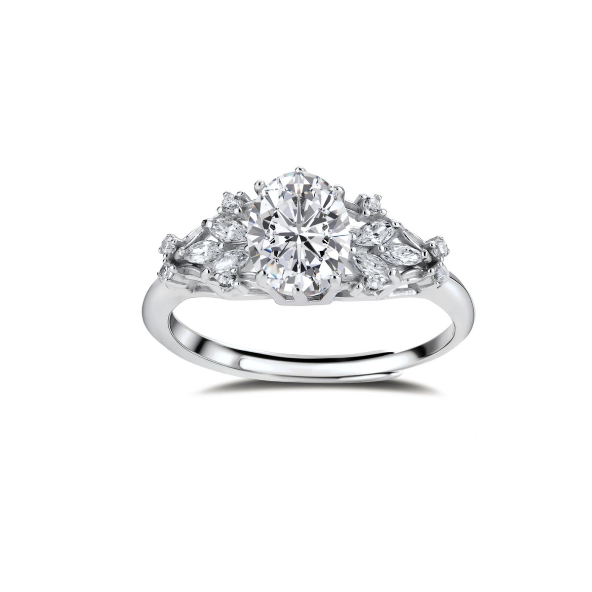 Elin Oval Moissanite Ring, front view showing the oval centre stone and fanned shoulder stones