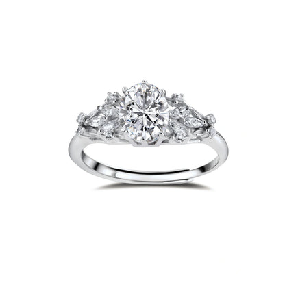 Elin Oval Moissanite Ring, front view showing the oval centre stone and fanned shoulder stones