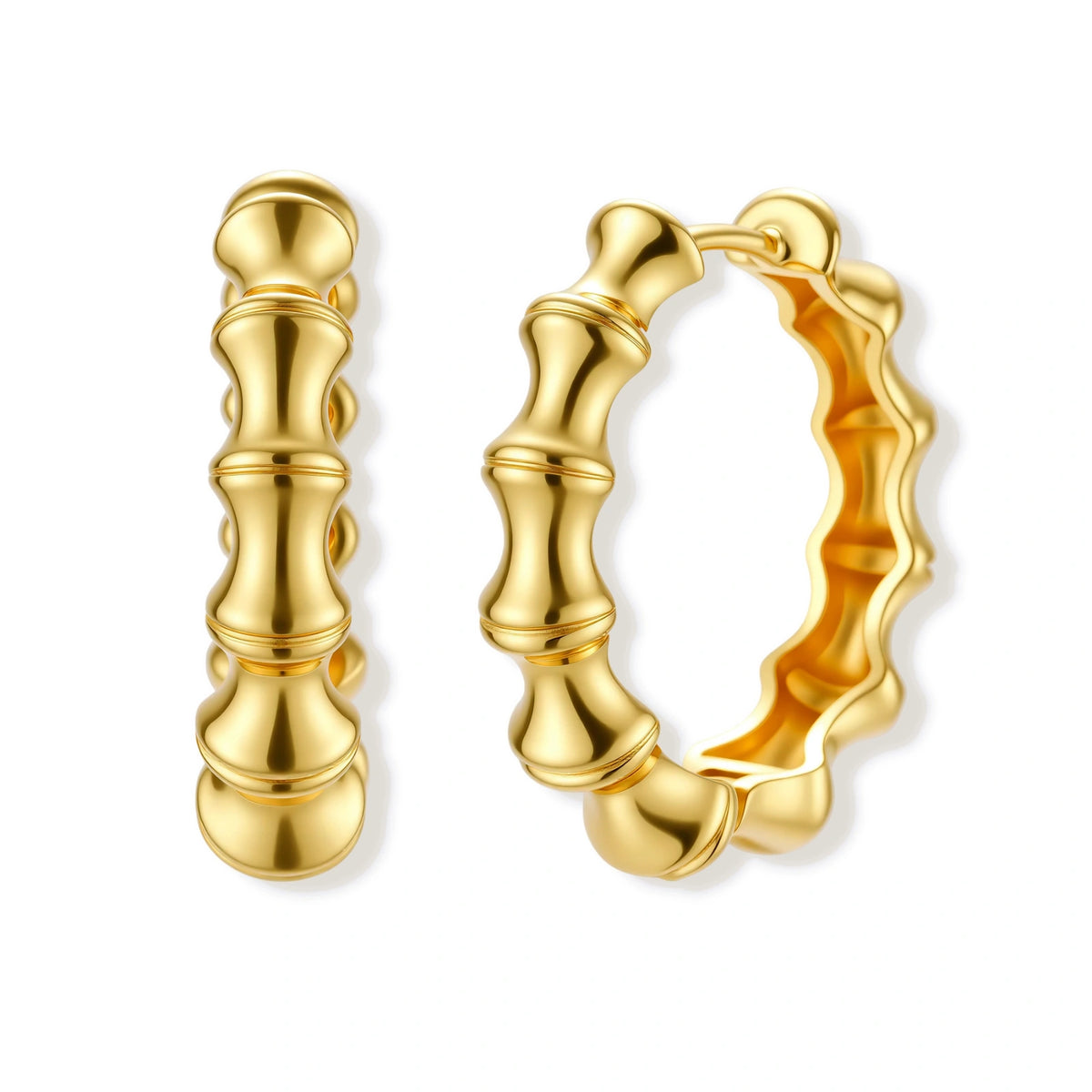 Reya Bamboo Hoops, pair of polished gold bamboo-segment hoops, one front-on and one turned to show the hinge