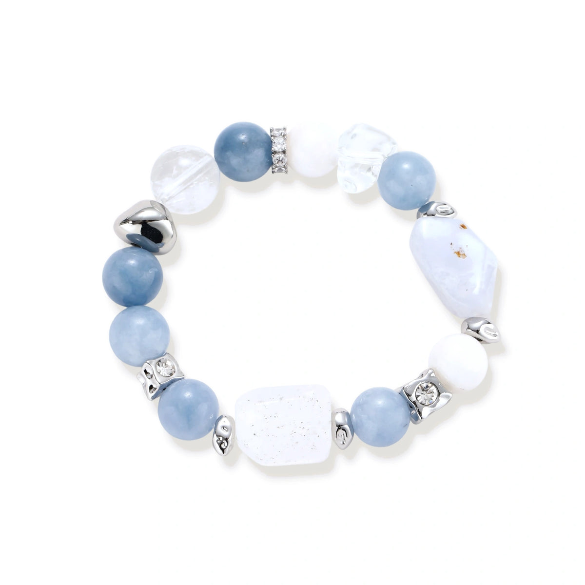 Serenity Healing Bracelet, aquamarine and quartz beaded stretch bracelet, alternate angle
