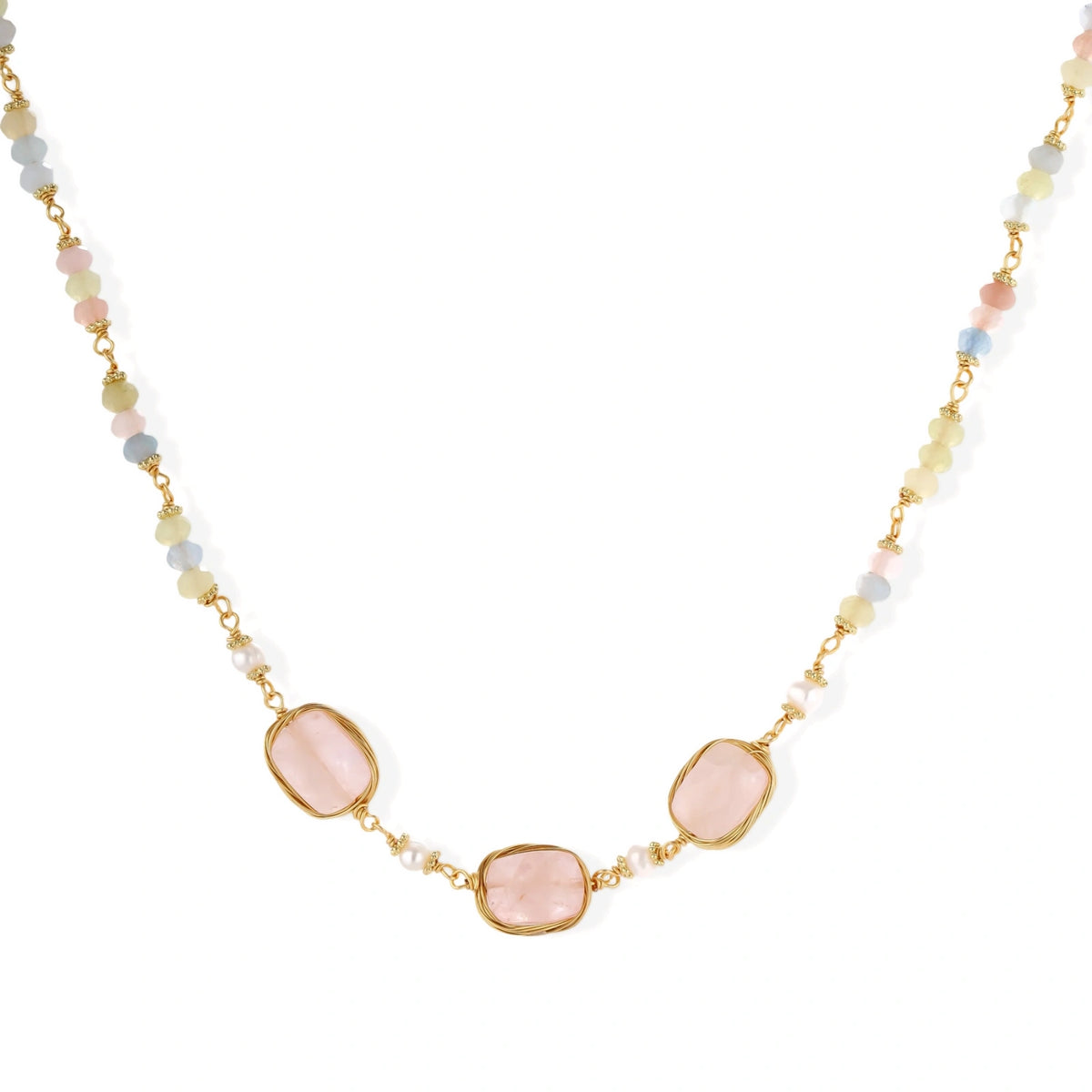 Fennella Quartz Garden Necklace, rose quartz necklace with freshwater pearls and pastel beads, front view
