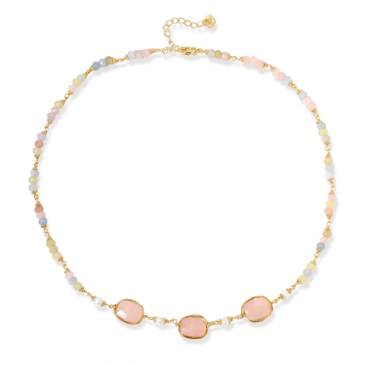 Fennella Quartz Garden Necklace, close-up of the rose quartz and pearl detail