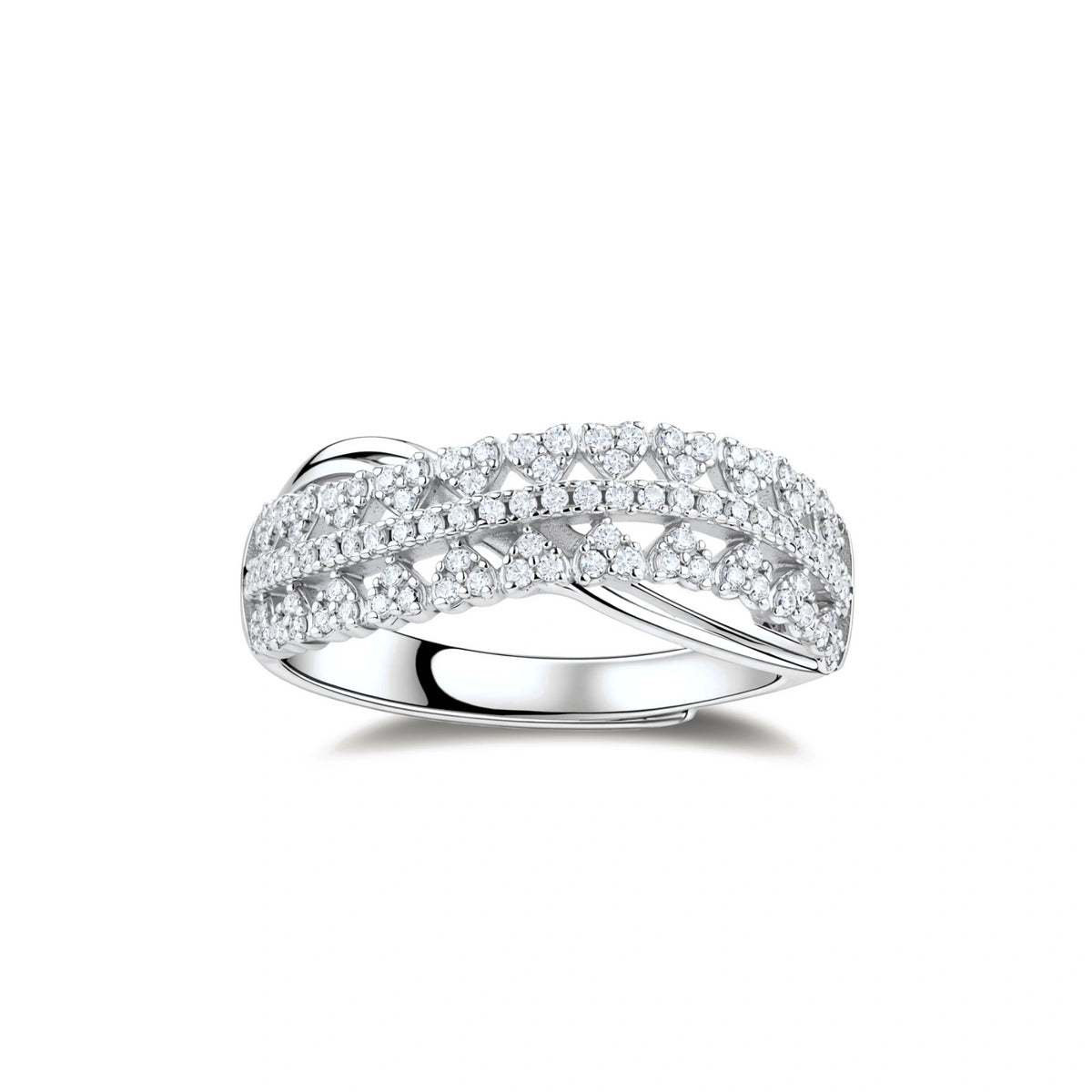 Ingrid Crossover Moissanite Ring, front view of three pavé rows crossing in a soft X on a polished band