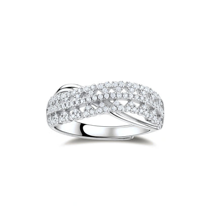 Ingrid Crossover Moissanite Ring, front view of three pavé rows crossing in a soft X on a polished band