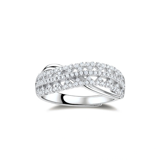 Ingrid Crossover Moissanite Ring, front view of three pavé rows crossing in a soft X on a polished band