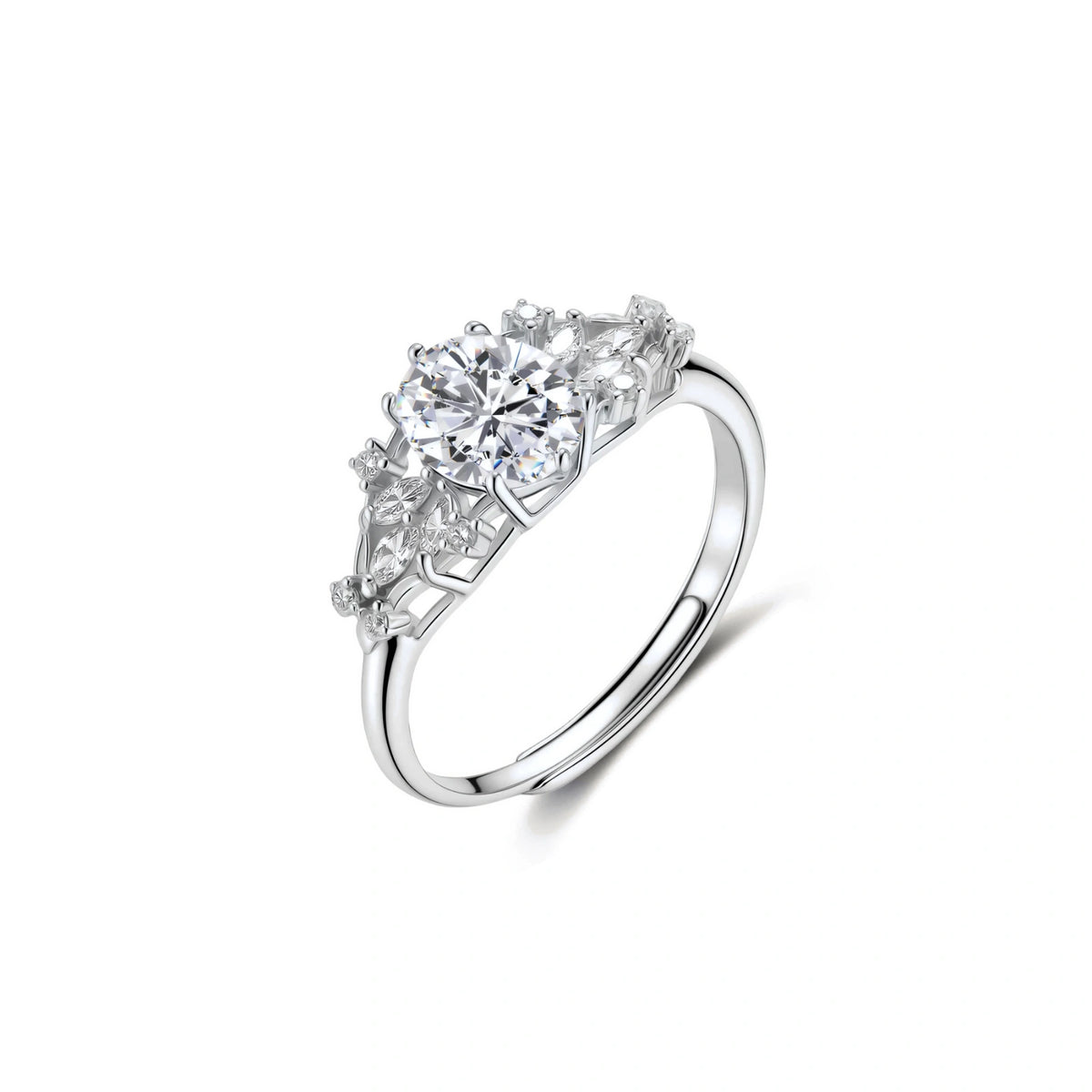 Elin Oval Moissanite Ring, angled view of the oval moissanite with marquise and round side stones on an open band