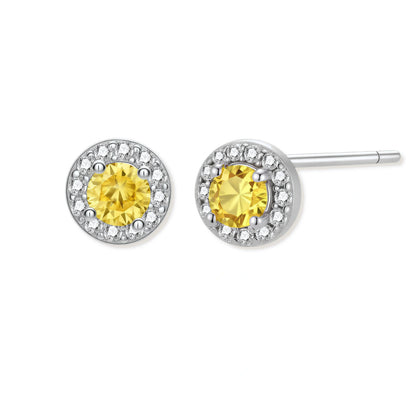 Maeve Yellow Moissanite Halo Studs, pair front-on showing the pavé halos