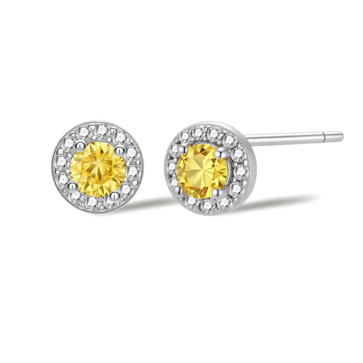 Maeve Yellow Moissanite Halo Studs, pair of round halo studs each with a yellow moissanite centre, front view