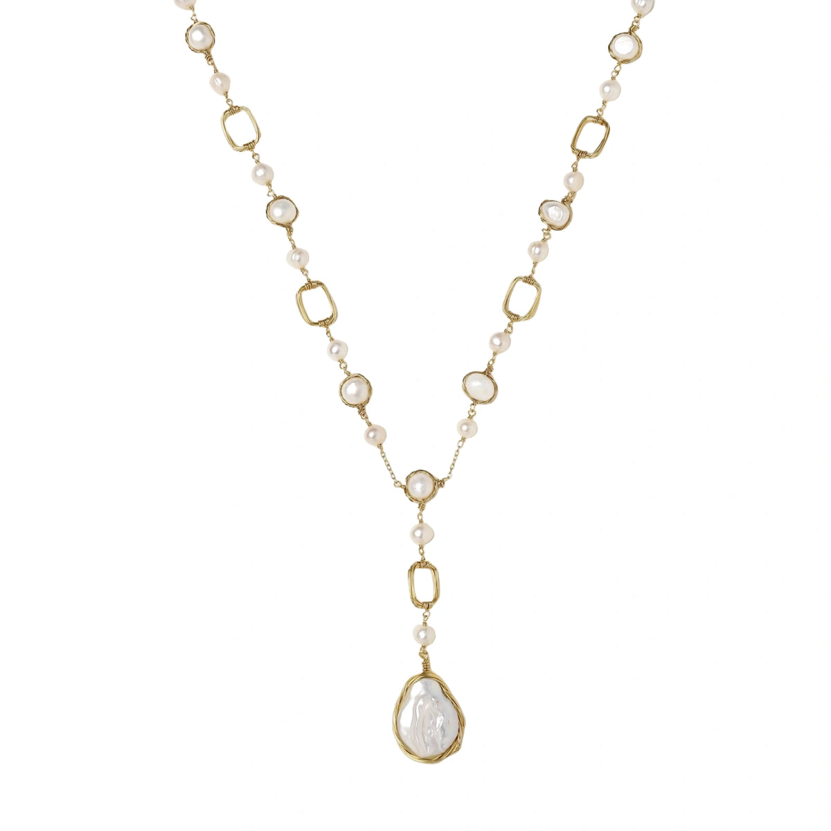 Necklace with gold and pearl chain on a white background