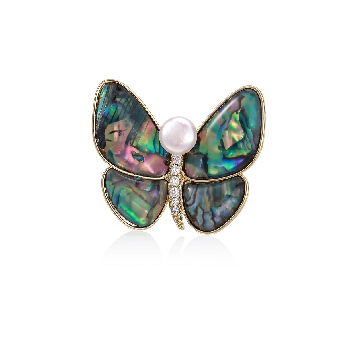Rainbow Butterfly Brooch, front view of the iridescent abalone shell wings with a pearl accent