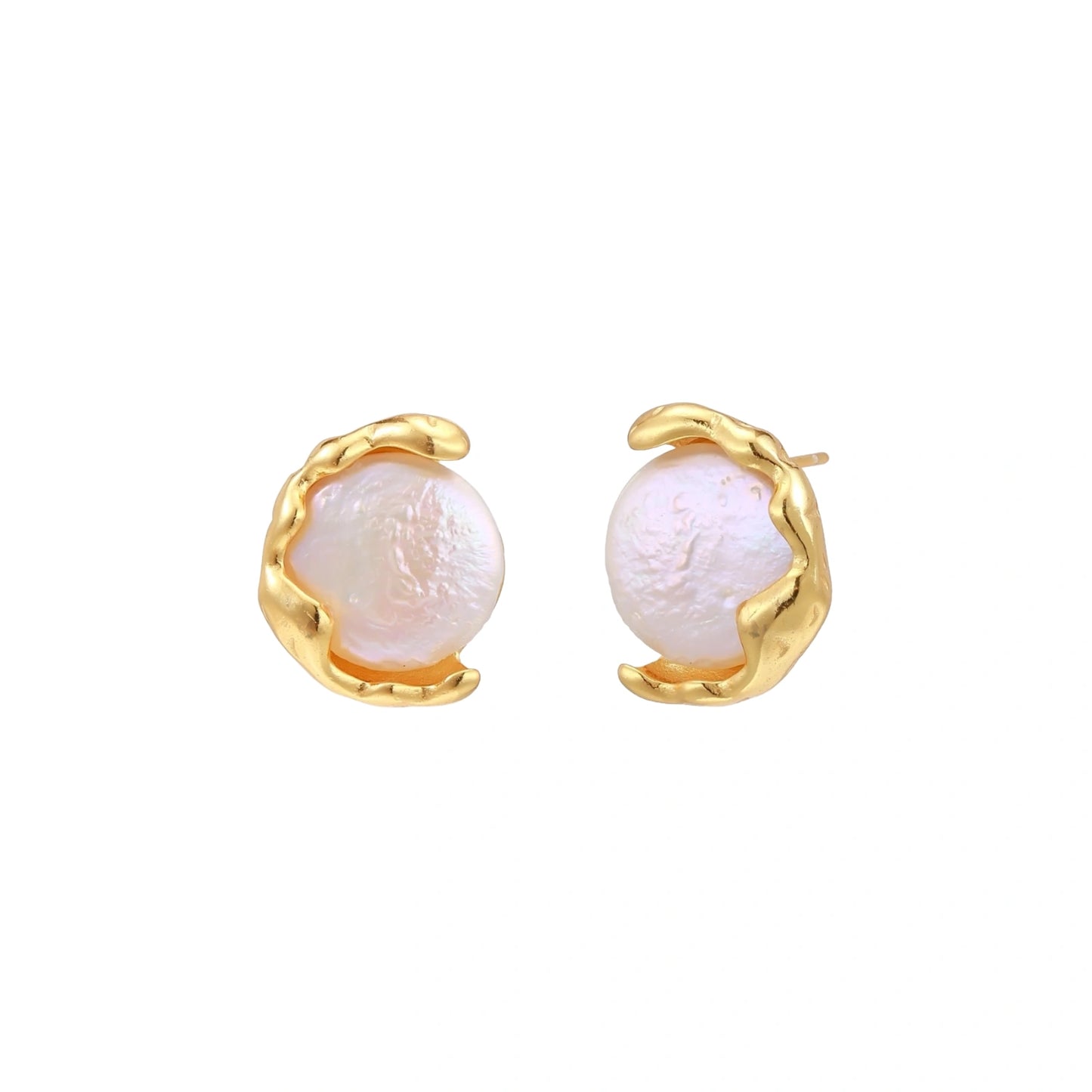 Gold earrings with pearl-like centers on a white background
