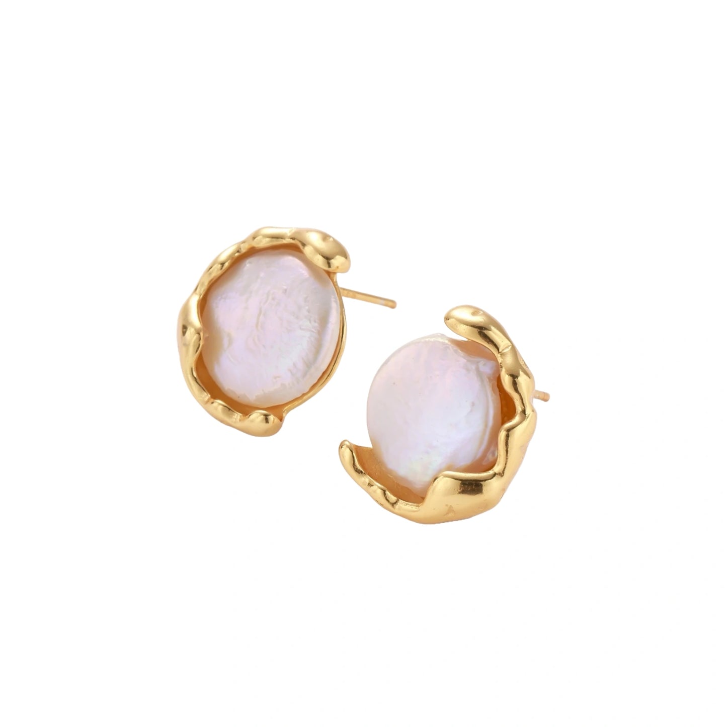 Gold earrings with freshwater pearl gemstones on a white background