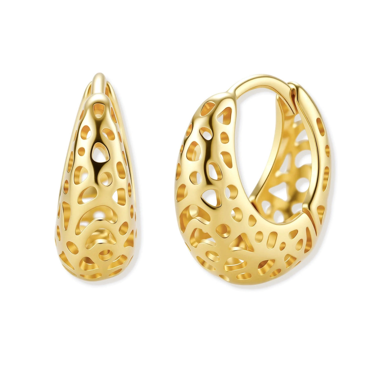 Odile Openwork Hoops, pair of tapered gold hoops pierced with honeycomb openings, one front-on and one turned to show the hinge