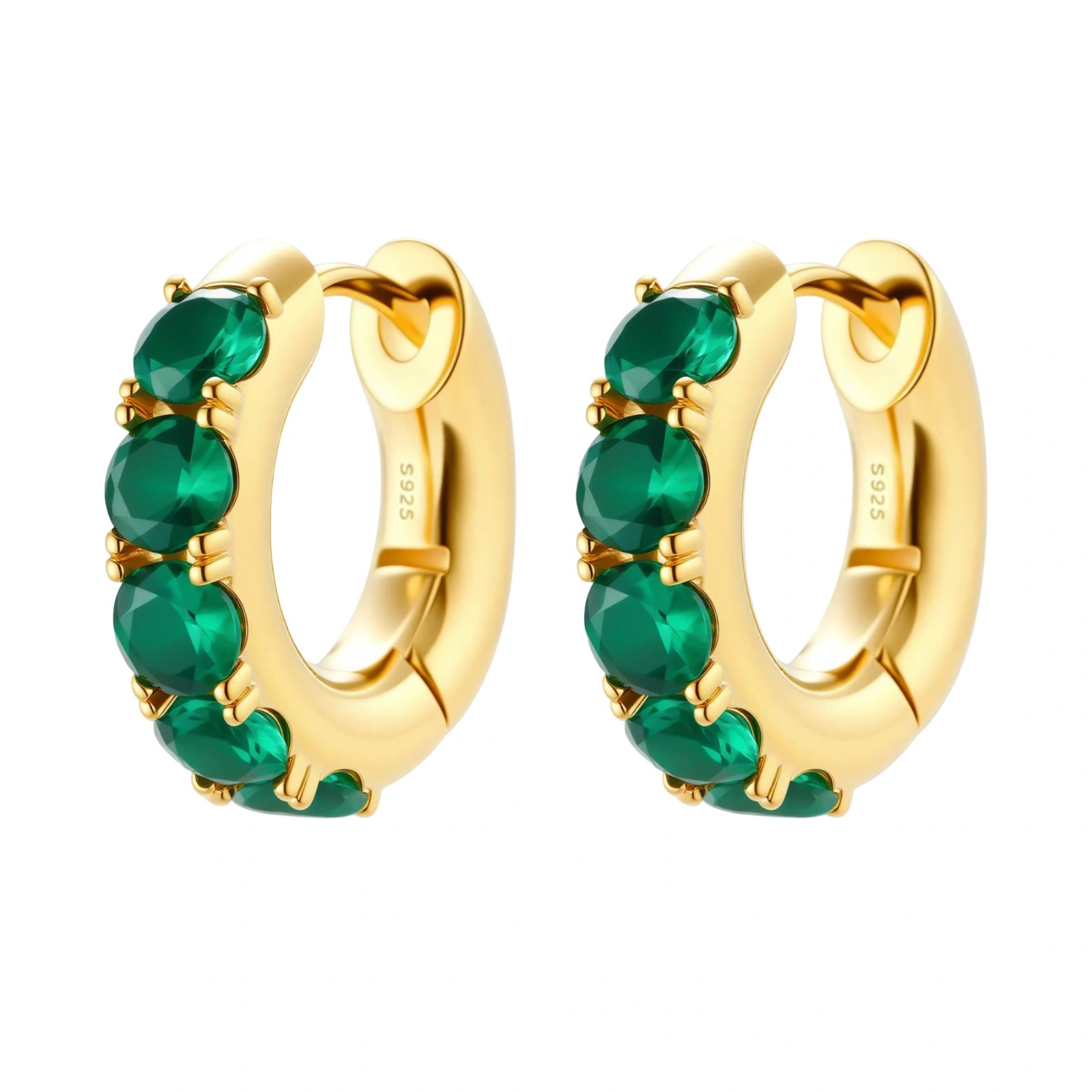 Gold hoop earrings with green gemstones on a white background