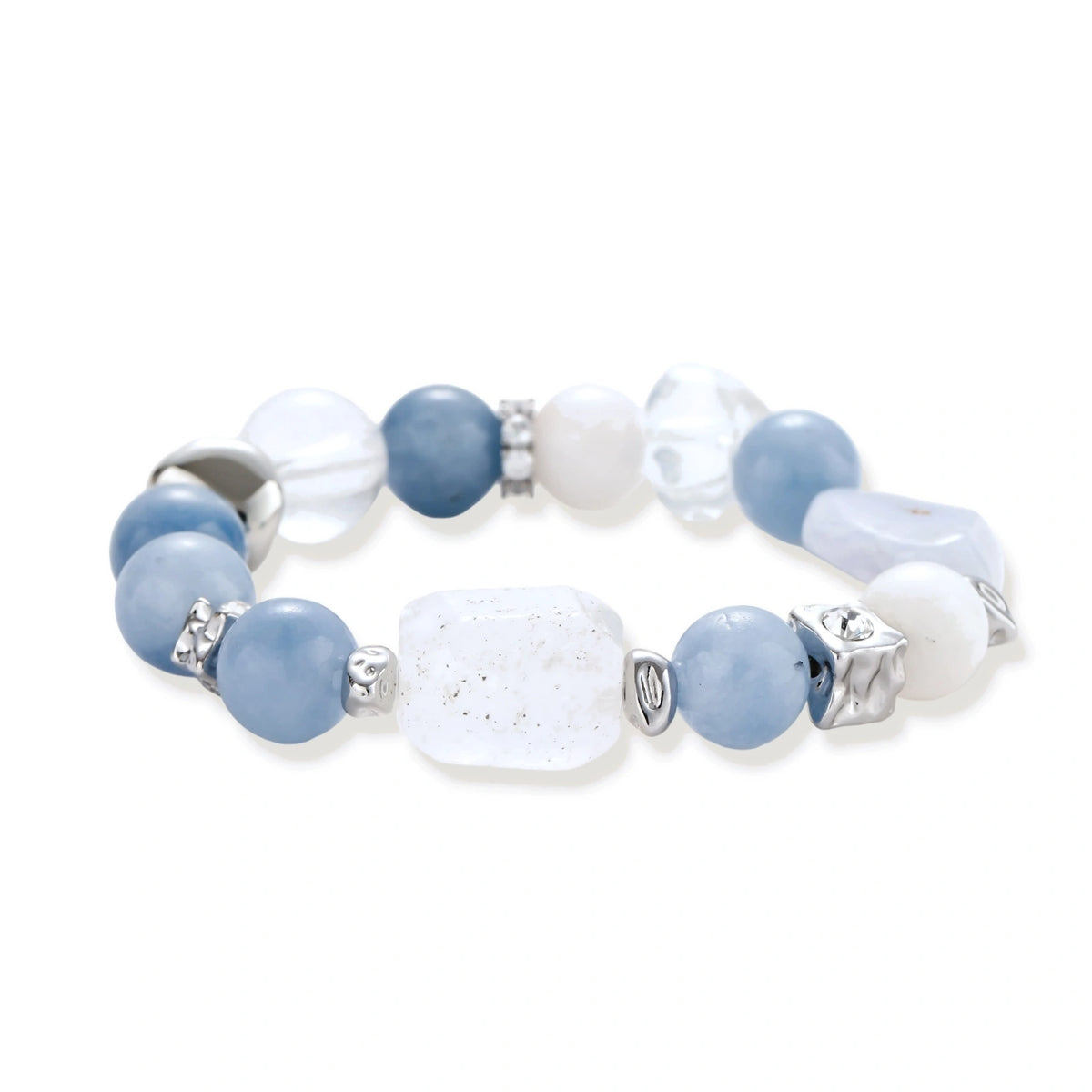 Serenity Healing Bracelet, aquamarine and quartz beaded stretch bracelet, front view