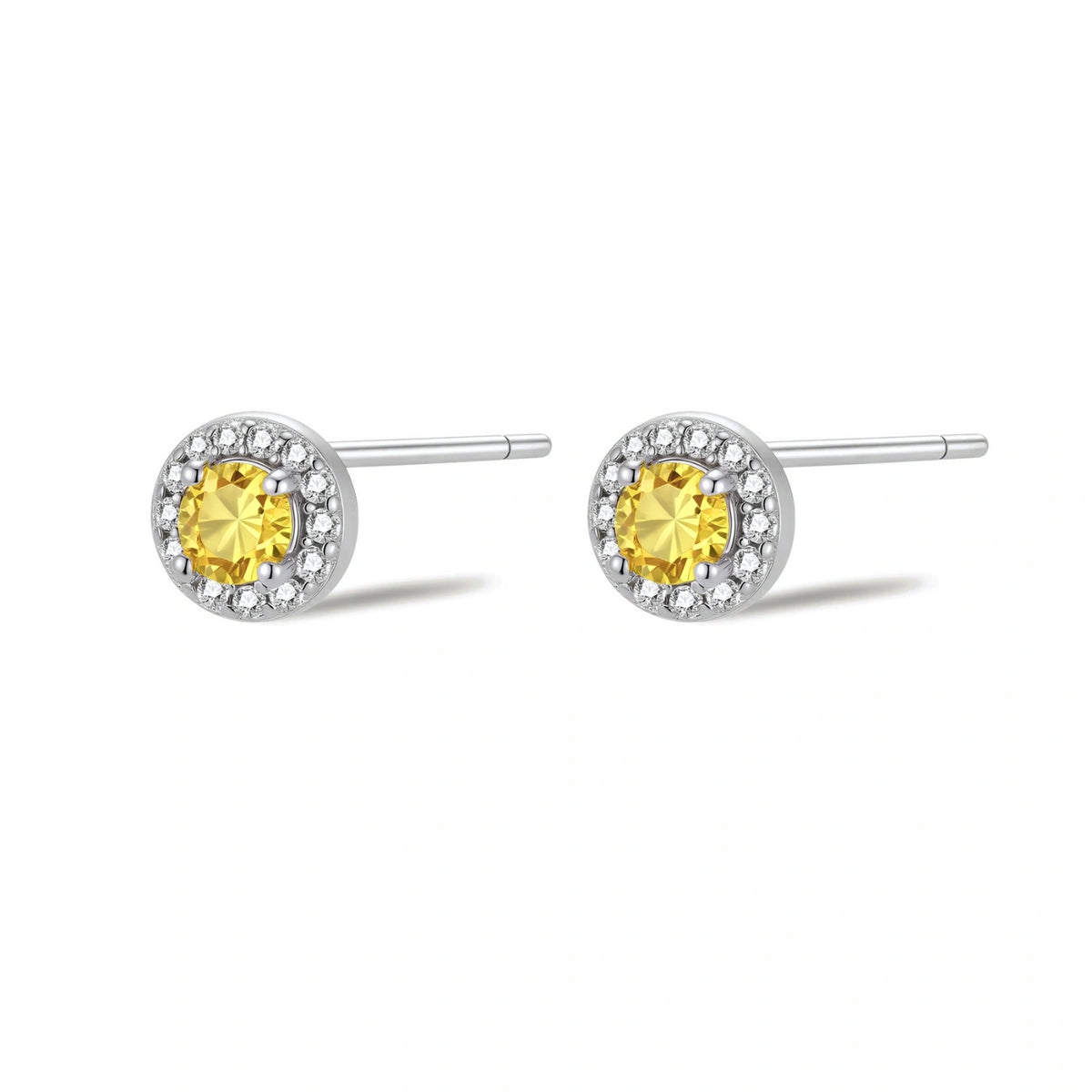 Maeve Yellow Moissanite Halo Studs, pair side by side with posts showing
