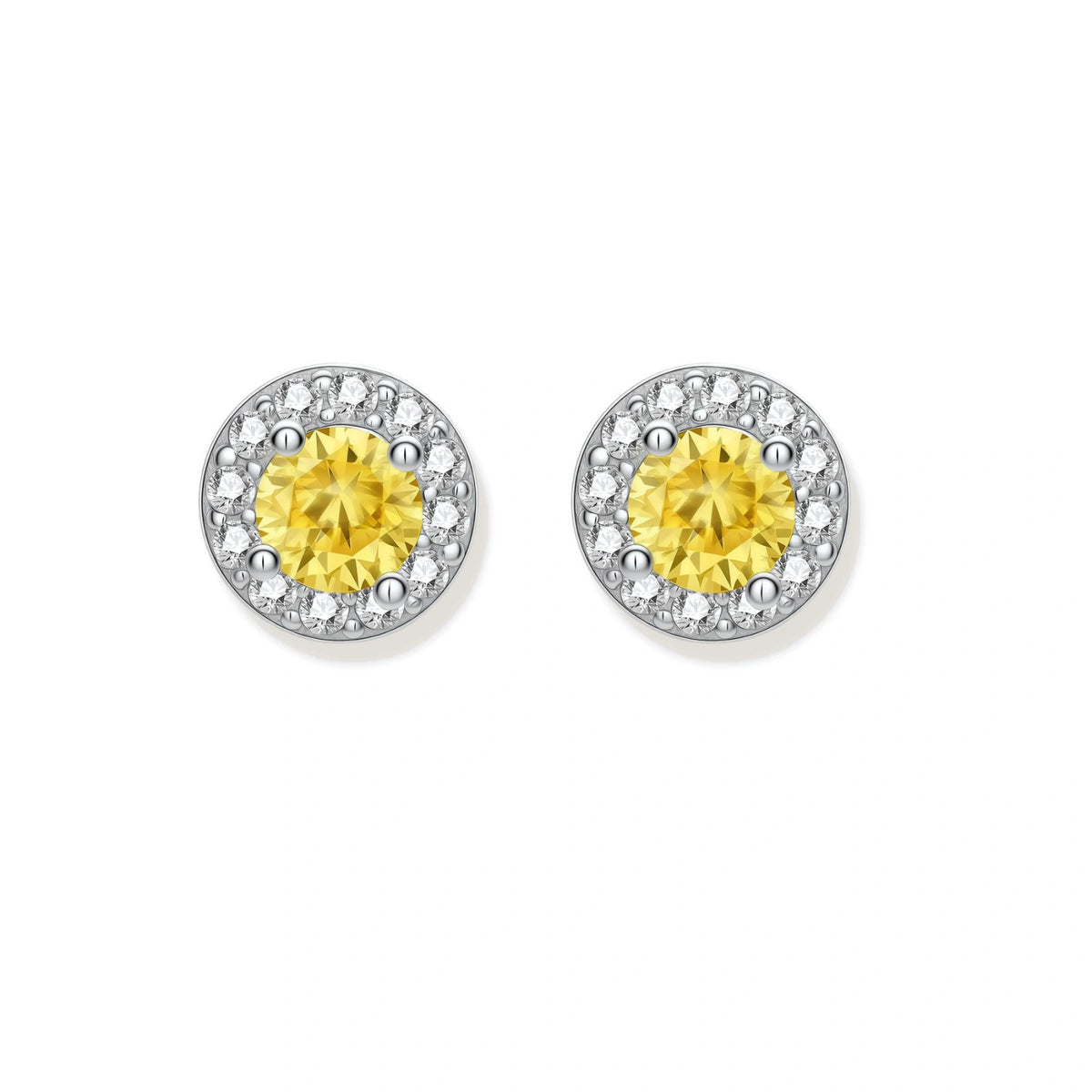 Maeve Yellow Moissanite Halo Studs, pair close up of the yellow centre stones and halos
