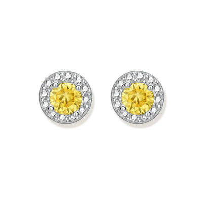 Maeve Yellow Moissanite Halo Studs, pair close up of the yellow centre stones and halos