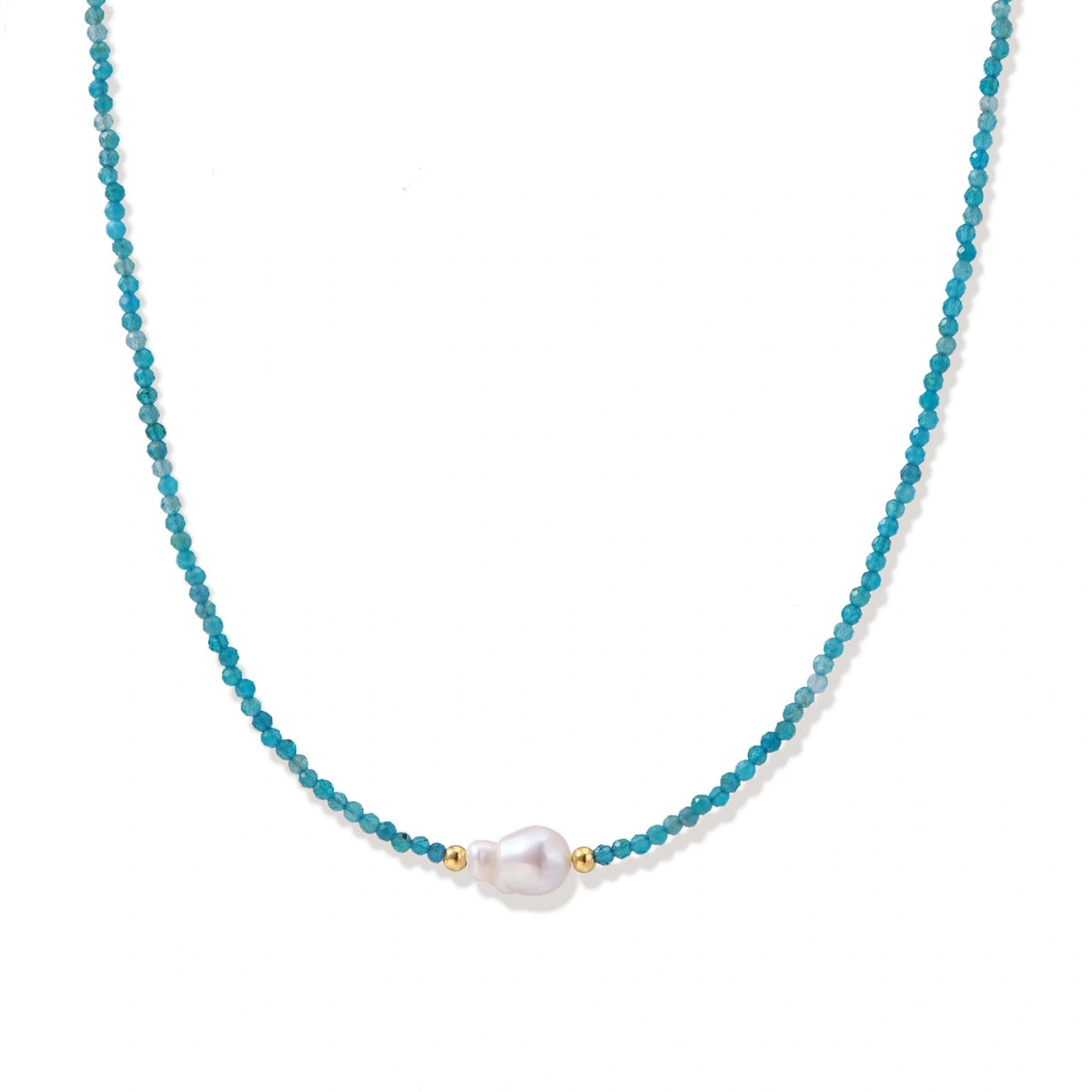 Skye Apatite Pearl Necklace, fine strand of faceted teal apatite beads with a single white freshwater pearl and gold spacer beads, front view