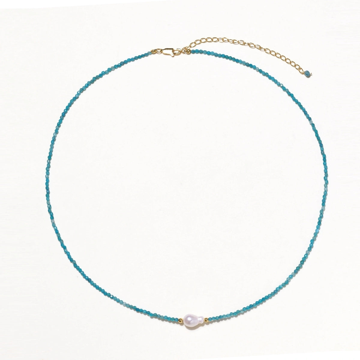 Skye Apatite Pearl Necklace, full necklace laid flat in a circle showing the clasp and extender