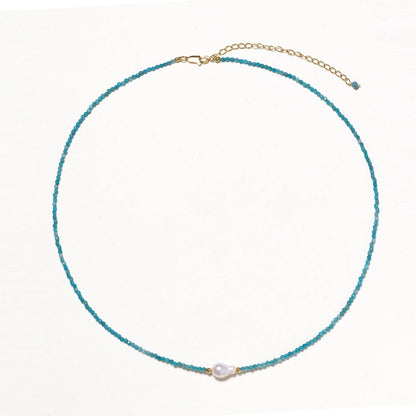 Skye Apatite Pearl Necklace, full necklace laid flat in a circle showing the clasp and extender