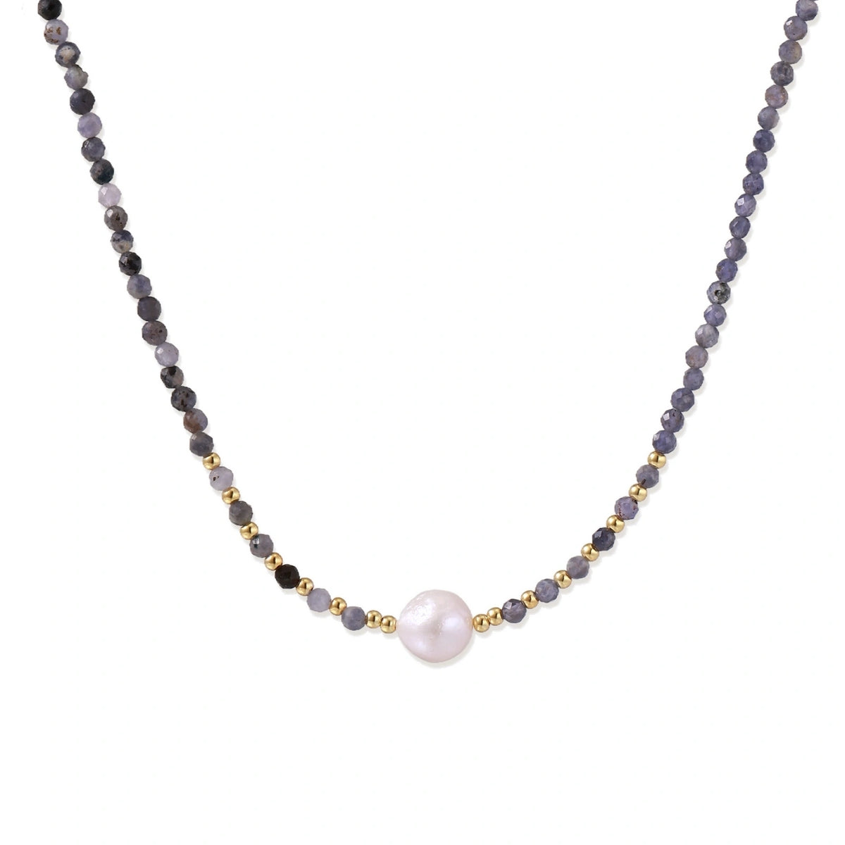 Thea Iolite Pearl Necklace, strand of faceted blue-grey iolite beads with a single white freshwater pearl and gold spacer beads, front view