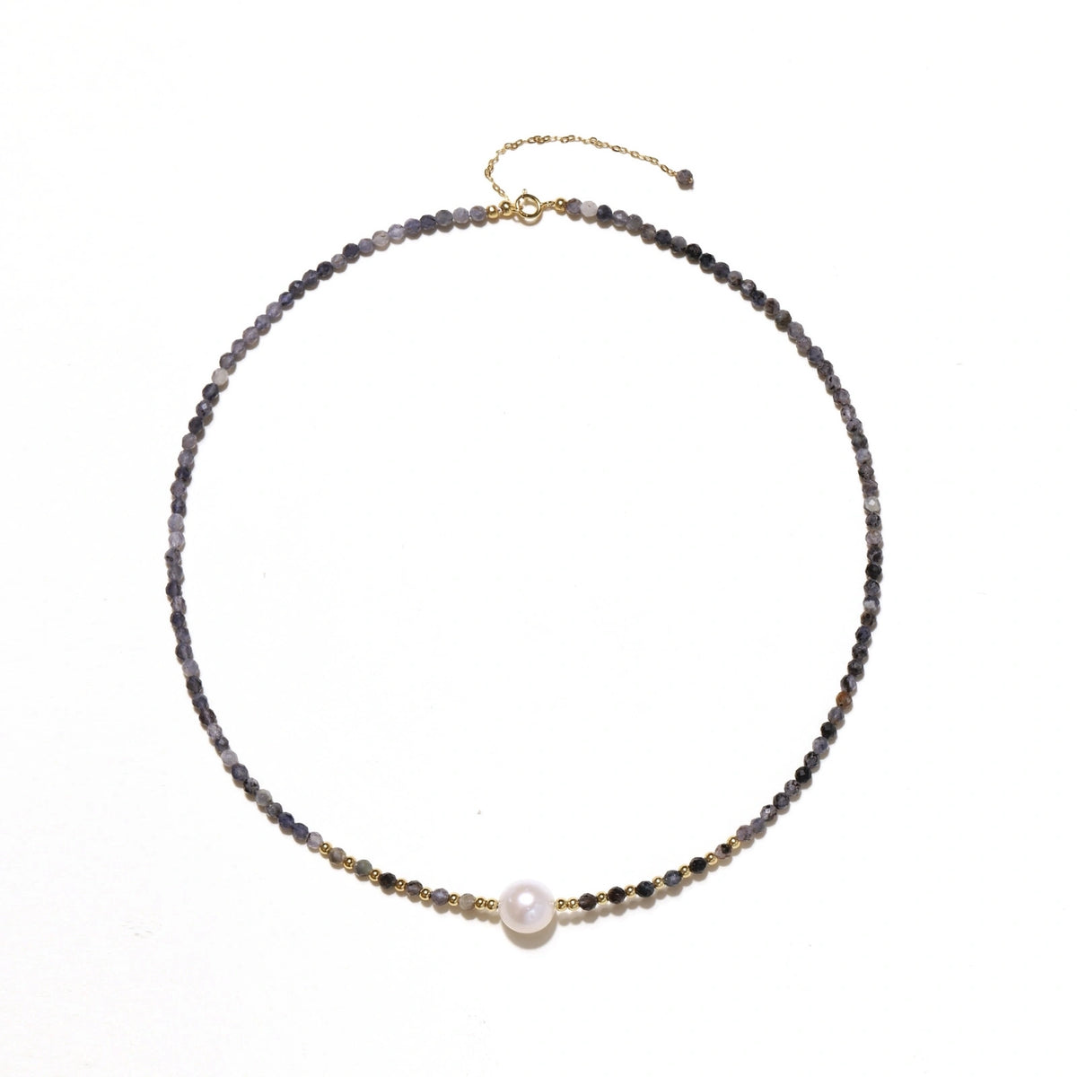 Thea Iolite Pearl Necklace, full necklace laid flat in a circle showing the spring-ring clasp and extender