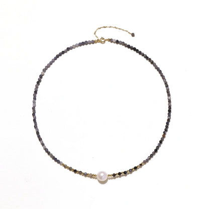 Thea Iolite Pearl Necklace, full necklace laid flat in a circle showing the spring-ring clasp and extender