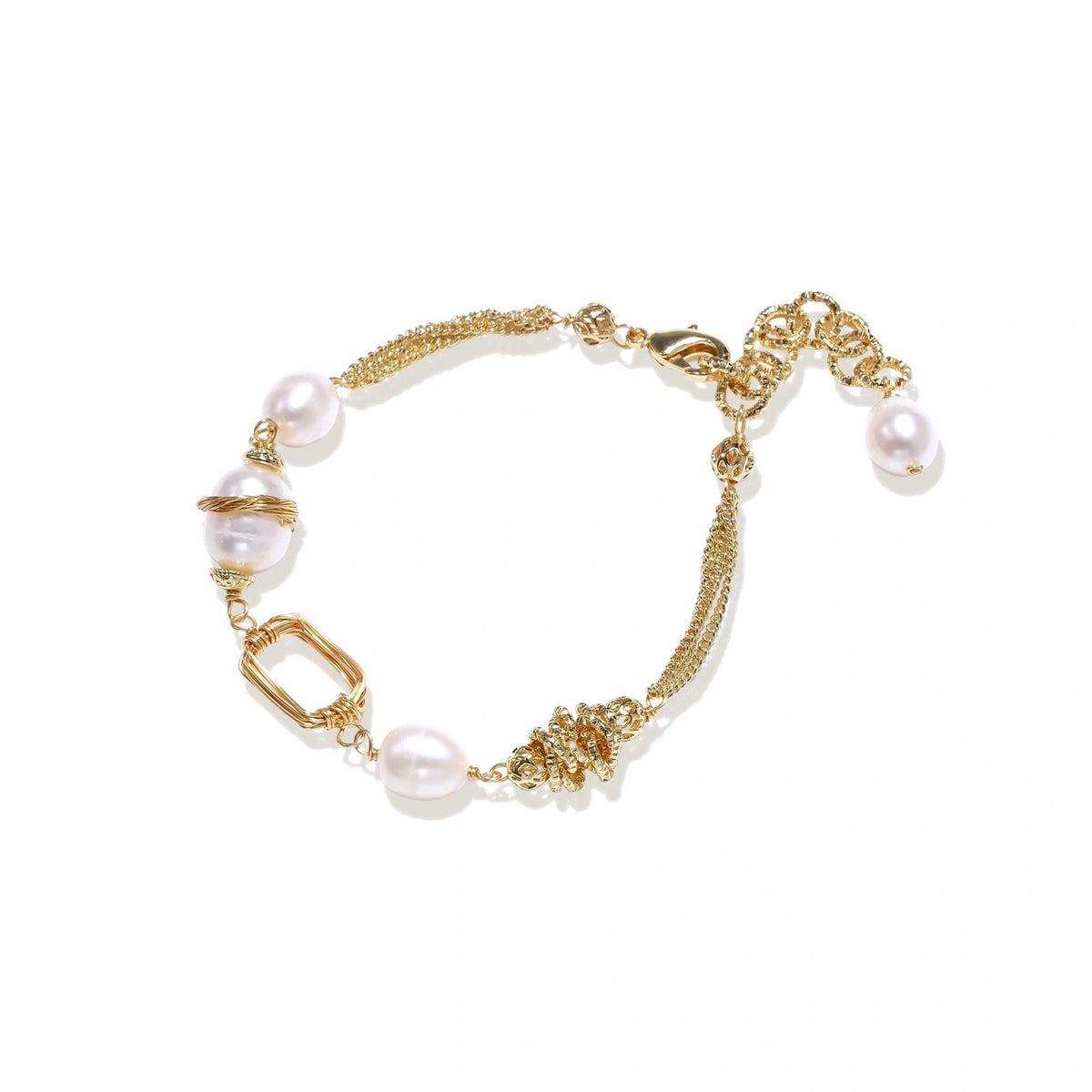Golden Pearl Chain Bracelet - 14K Gold Plated Brass with freshwater pearls, front view