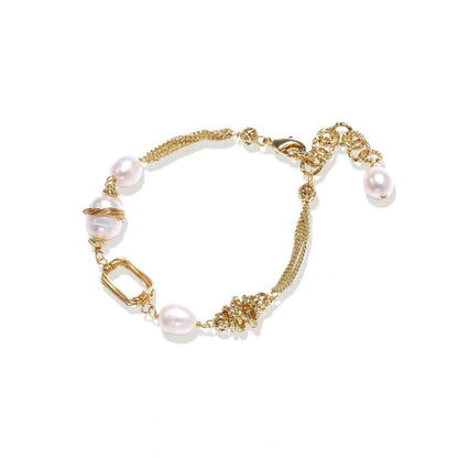 Golden Pearl Chain Bracelet - 14K Gold Plated Brass with freshwater pearls, front view