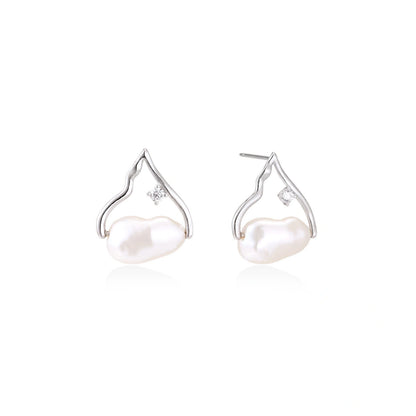 Willa Pearl Arch Earrings, pair of silver open-arch earrings each holding a white freshwater pearl, front view