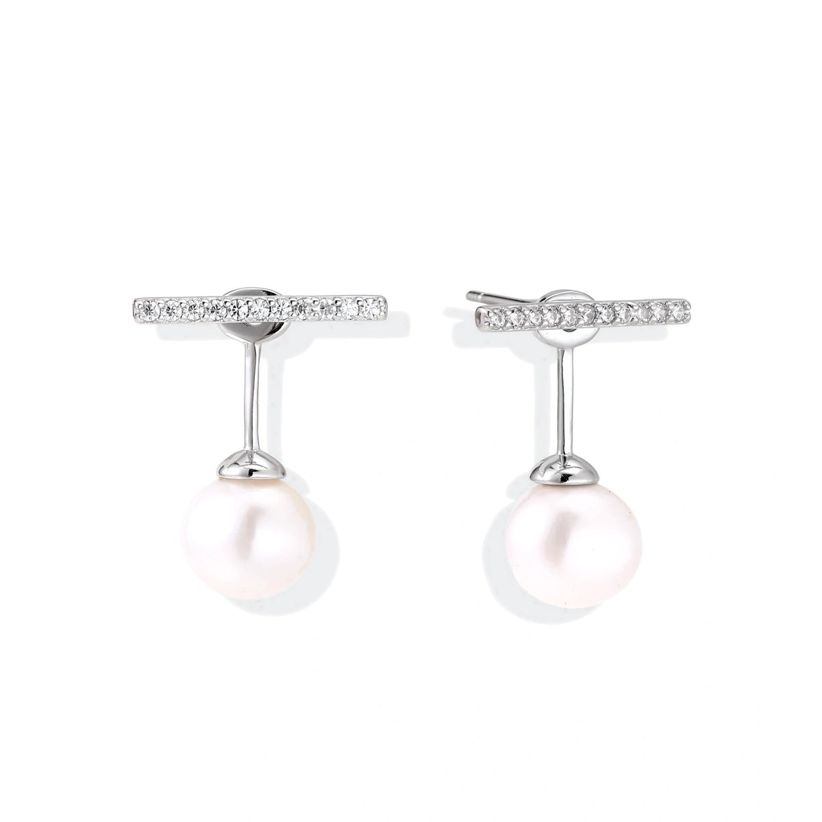 Romy Pearl Bar Ear Jackets, pair of silver bar-and-pearl ear jacket earrings, front view