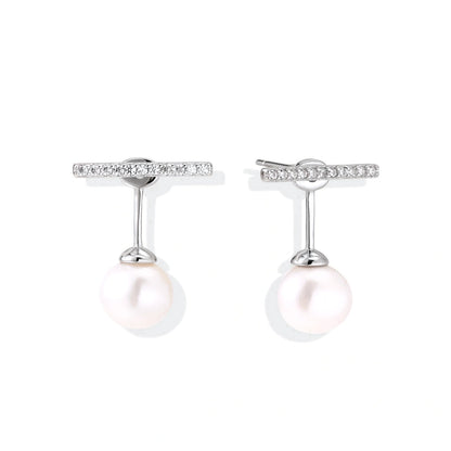 Romy Pearl Bar Ear Jackets, pair of silver bar-and-pearl ear jacket earrings, front view
