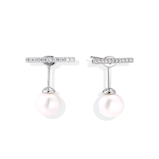 Romy Pearl Bar Ear Jackets, pair of silver bar-and-pearl ear jacket earrings, front view