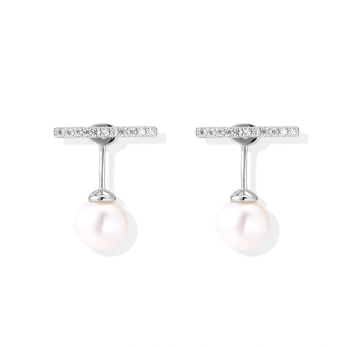 Romy Pearl Bar Ear Jackets, pair side by side showing the stone-set bars and pearl drops