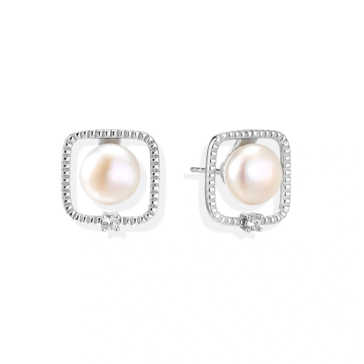 Greta Pearl Frame Studs, pair of silver square-frame pearl stud earrings, front view
