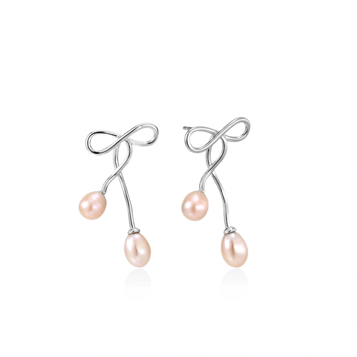 Nell Bow Pearl Earrings, pair of silver wire bow earrings with two freshwater pearl drops, front view