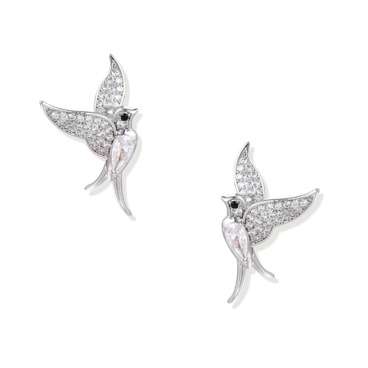 Celestial Hummingbird Earrings, pair of white gold-plated pave zirconia hummingbird studs