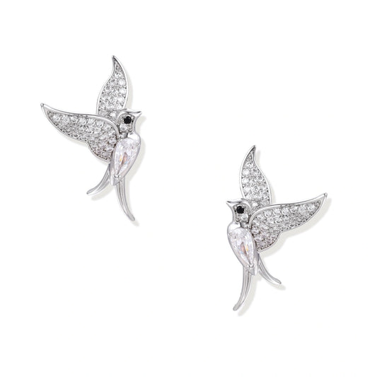 Celestial Hummingbird Earrings, pair of white gold-plated pave zirconia hummingbird studs